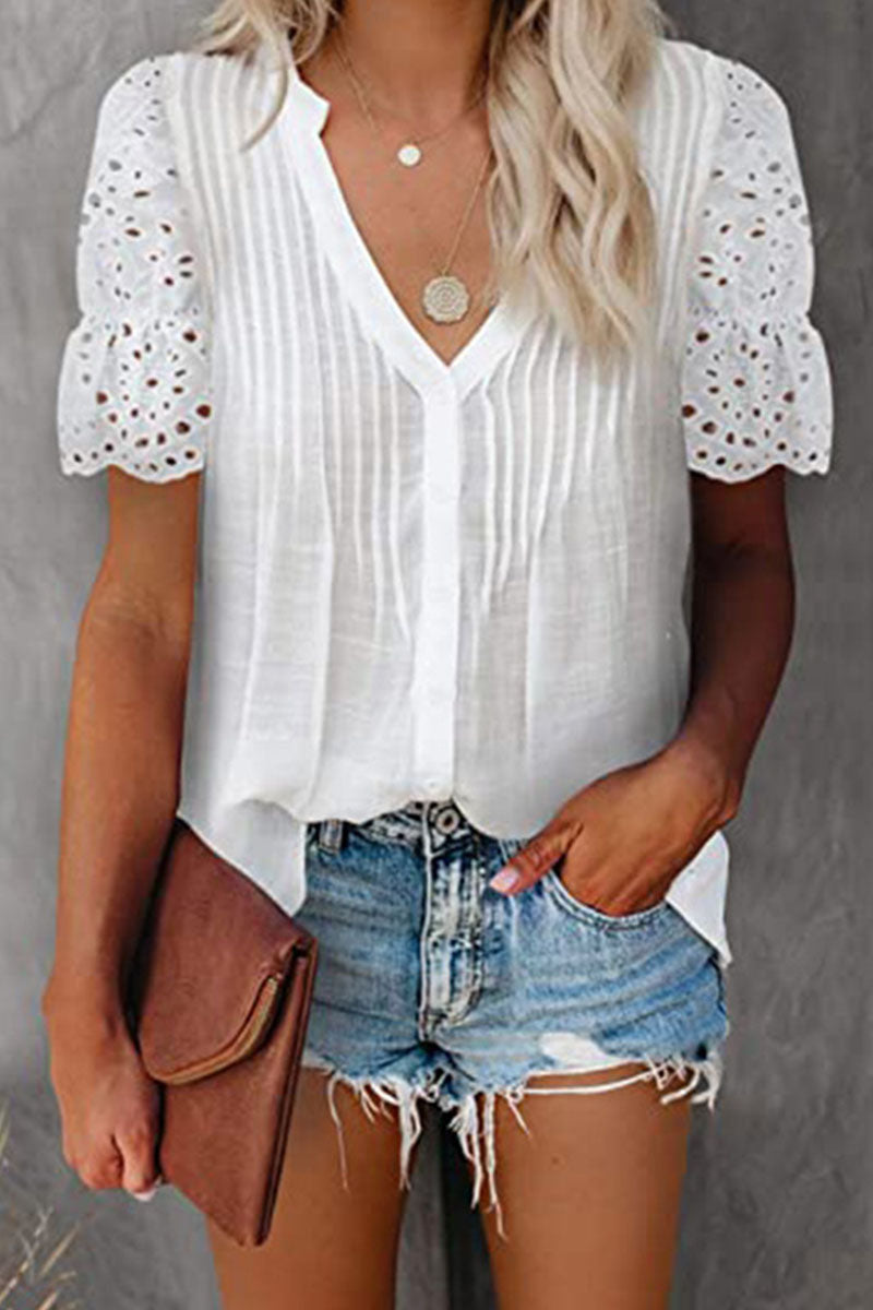 Casual Solid Patchwork V Neck Blouses(4 Colors)
