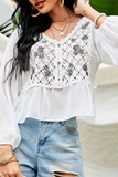 Casual Embroidery Lace Buttons V Neck Tops