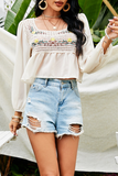 Casual Patchwork Embroidered Square Collar Tops
