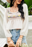Casual Patchwork Embroidered Square Collar Tops