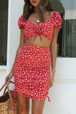 Fashion Street Print Split Joint V Neck Short Sleeve Two Pieces