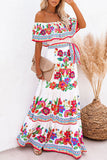 Fashion Vintage Print Patchwork Off the Shoulder A Line Dresses