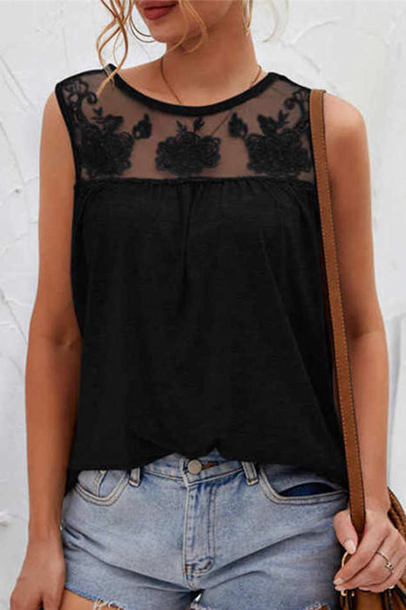 Casual Solid Lace Mesh O Neck T-Shirts