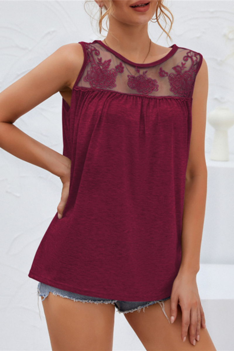 Casual Solid Lace Mesh O Neck T-Shirts