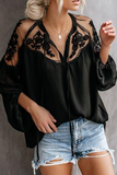 Fashion Elegant Solid Lace Frenulum See-through V Neck Tops