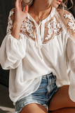 Fashion Elegant Solid Lace Frenulum See-through V Neck Tops