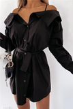 Fashion Street Solid Buckle With Belt Off the Shoulder Irregular Dress Dresses