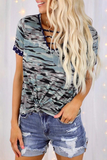 Casual Street Camouflage Print Hollowed Out Split Joint V Neck T-Shirts