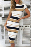 Fashion Vintage Striped Split Joint O Neck A Line Dresses