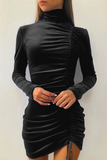 Fashion Elegant Solid Split Joint Fold Half A Turtleneck Pencil Skirt Dresses