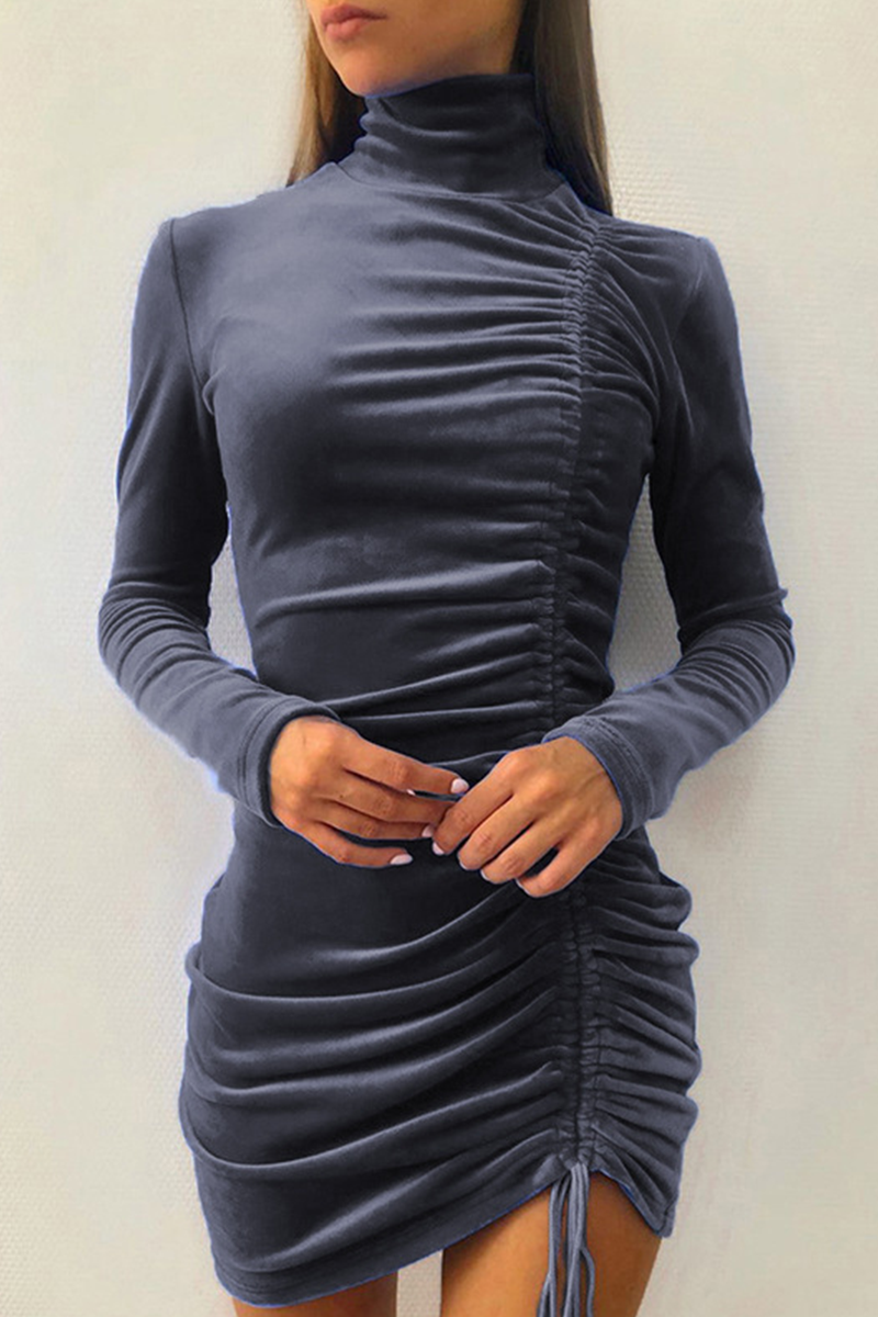 Fashion Elegant Solid Split Joint Fold Half A Turtleneck Pencil Skirt Dresses