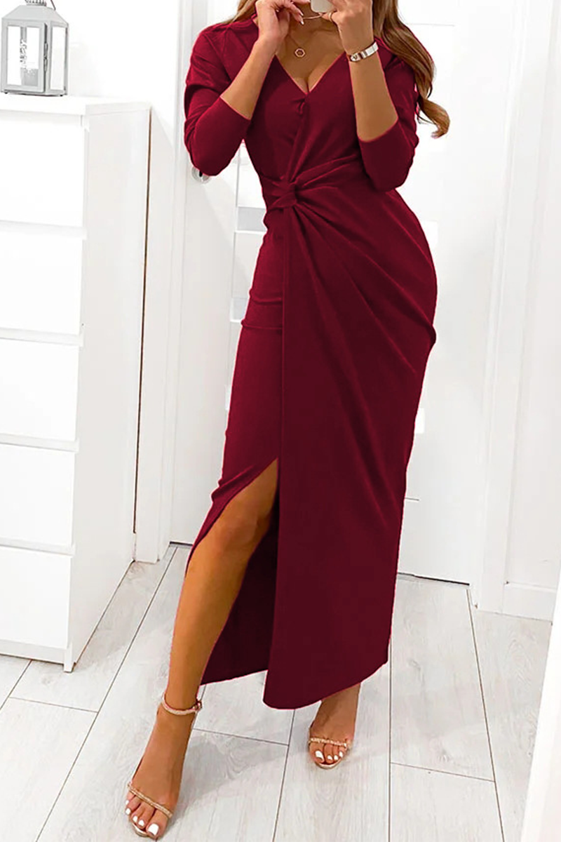 Elegant Solid Slit Fold V Neck Evening Dress Dresses(4 Colors)