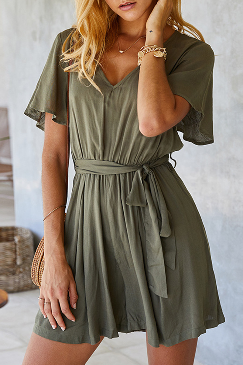 Casual Solid Split Joint Buckle O Neck Jumpsuits