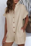 Casual Solid Patchwork Buckle Turndown Collar Straight Rompers