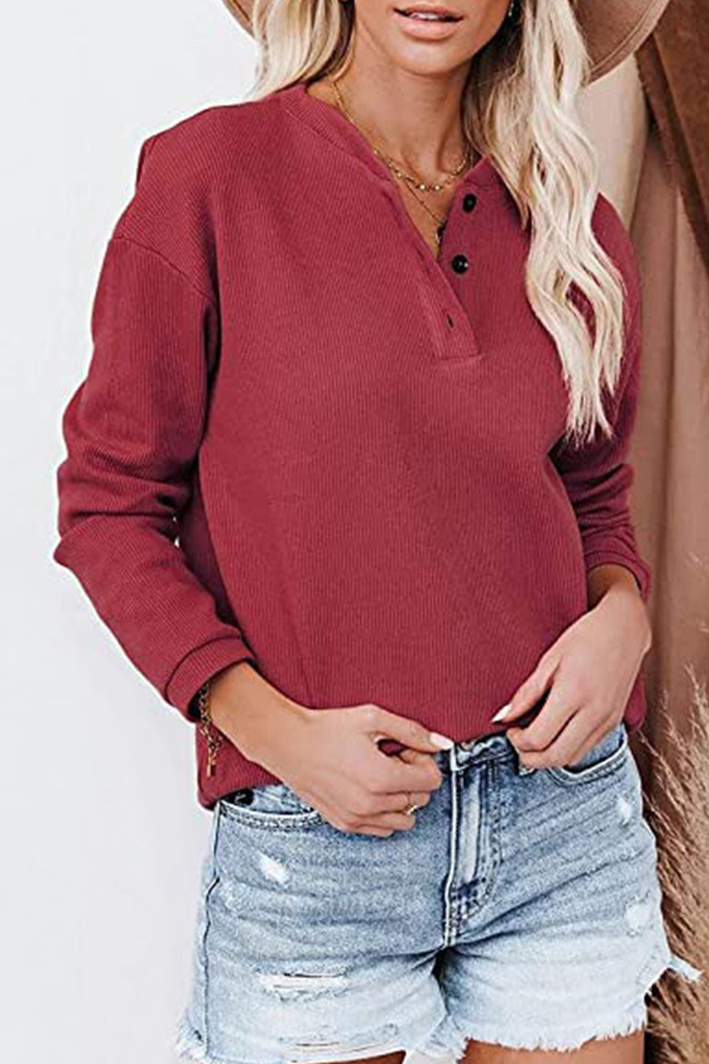 Casual Solid Patchwork Buckle O Neck Tops(6 colors)