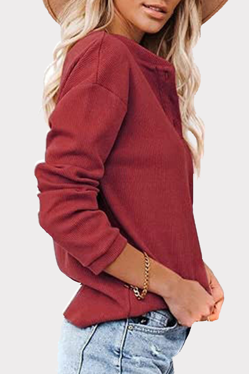 Casual Solid Patchwork Buckle O Neck Tops(6 colors)