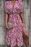 Casual Elegant Floral Buckle Slit V Neck Dresses