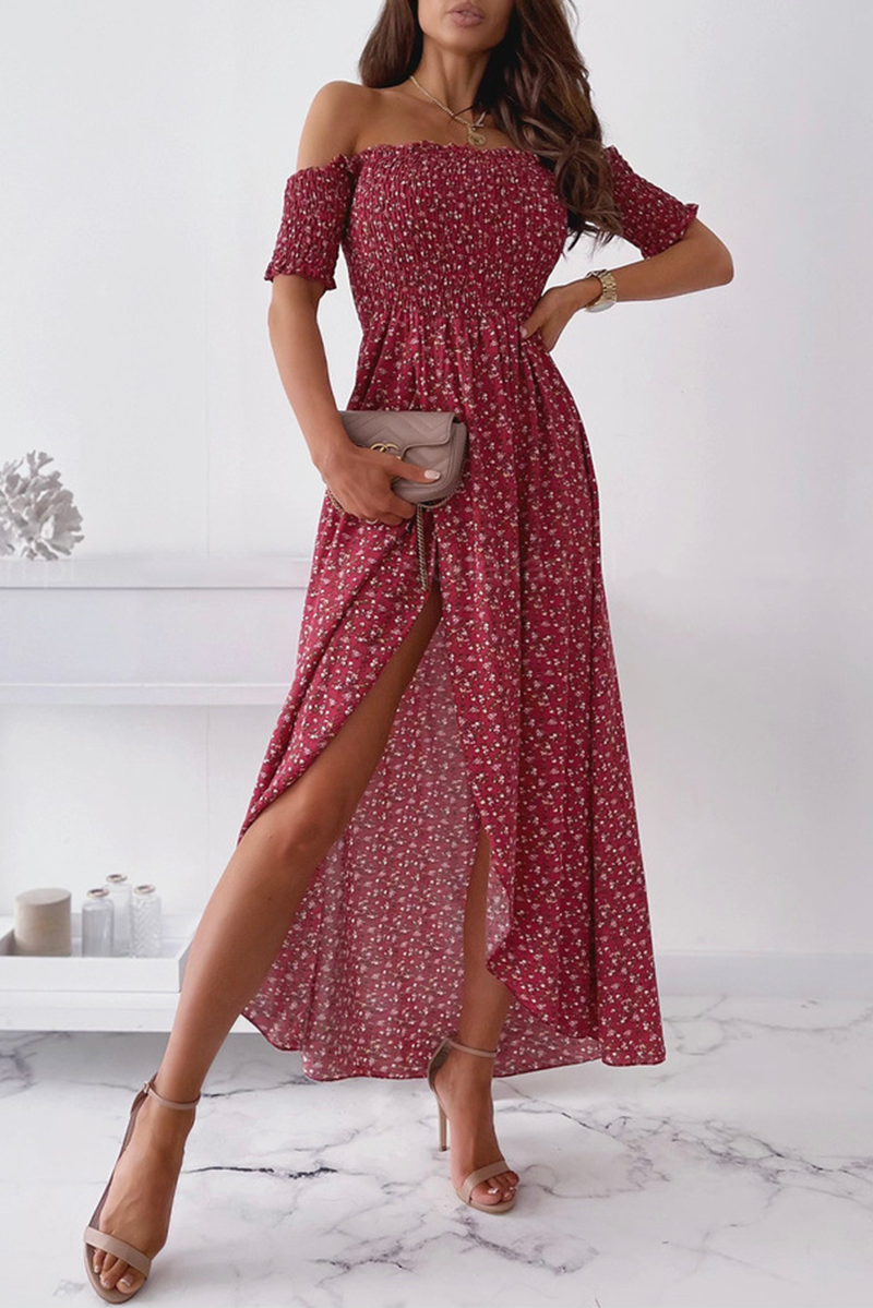 Elegant Floral Slit Fold Off the Shoulder Waist Skirt Dresses(5 Colors)