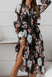Elegant Floral Fold With Belt Ribbon Collar Pleated Dresses