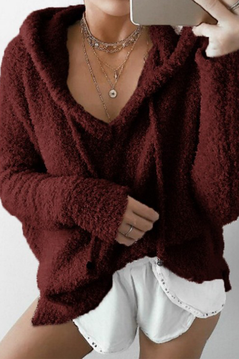 Casual Solid Patchwork Draw String Hooded Collar Tops