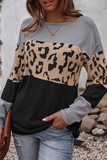 Casual Leopard Patchwork Contrast O Neck Tops