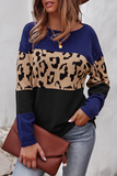 Casual Leopard Patchwork Contrast O Neck Tops