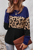 Casual Leopard Patchwork Contrast O Neck Tops