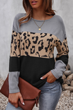 Casual Leopard Patchwork Contrast O Neck Tops