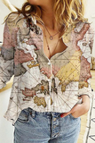 Casual Print Patchwork Buckle Turndown Collar Tops