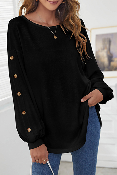 Casual Solid Buckle O Neck Tops