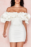 Elegant Solid Patchwork Flounce Off the Shoulder Wrapped Skirt Dresses