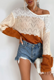 Casual Patchwork Hollowed Out  Contrast V Neck Tops
