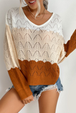 Casual Patchwork Hollowed Out Contrast V Neck Sweaters