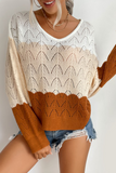 Casual Patchwork Hollowed Out  Contrast V Neck Tops