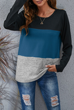 Casual Patchwork Basic  Contrast O Neck Tops