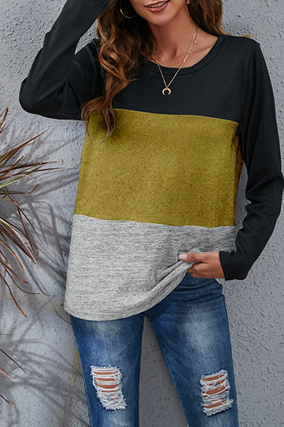 Casual Patchwork Basic  Contrast O Neck Tops