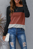 Casual Patchwork Basic  Contrast O Neck Tops