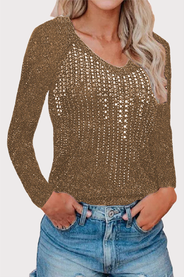Casual Hot Drilling Split Joint Sequined O Neck Tops