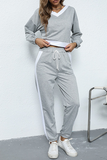 Casual Patchwork Draw String  Contrast V Neck Long Sleeve Two Pieces