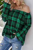 Casual Plaid Split Joint Off the Shoulder Tops