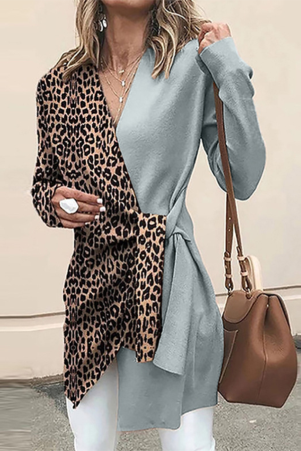 Casual Elegant Leopard Patchwork Strap Design V Neck Outerwear(4 Colors)