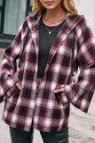 Casual Plaid Draw String Pocket Hooded Collar Outerwear