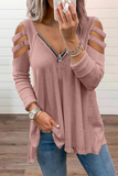 Casual Solid Hollowed Out Zipper V Neck Tops(8 Colors)