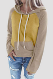 Casual Patchwork Draw String Pocket Hooded Collar Tops