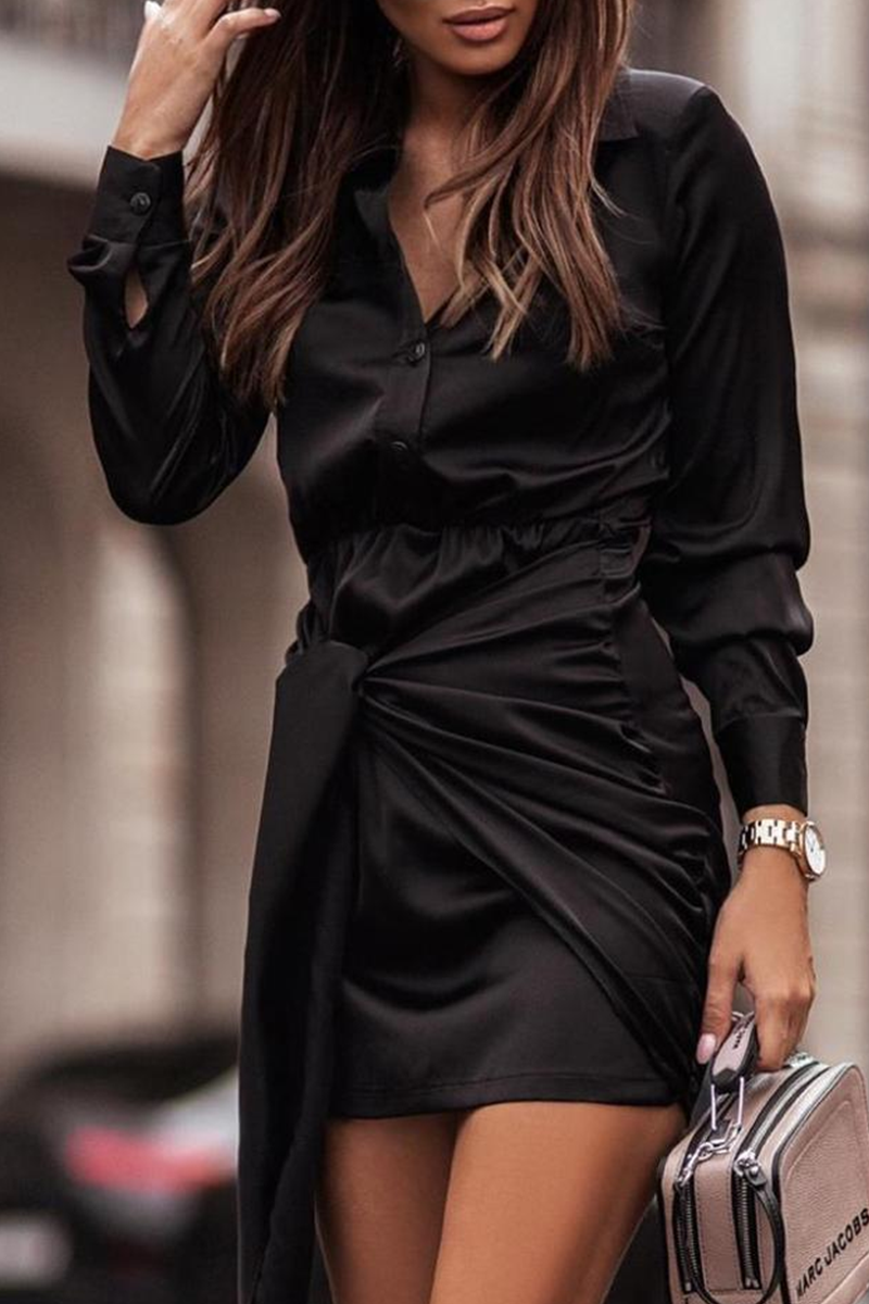Fashion Elegant Print Buckle Strap Design Turndown Collar Waist Skirt Dresses