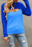 Elegant Patchwork Hollowed Out Contrast O Neck Tops Sweater