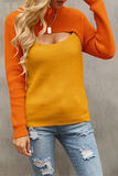 Elegant Patchwork Hollowed Out Contrast O Neck Tops Sweater