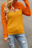 Elegant Patchwork Hollowed Out  Contrast O Neck Tops Sweater（4 colors）