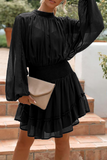 Fashion Casual Solid Flounce Fold Half A Turtleneck Waist Skirt Dresses（4 colors）