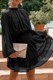 Fashion Casual Solid Flounce Fold Half A Turtleneck Waist Skirt Dresses（4 colors）